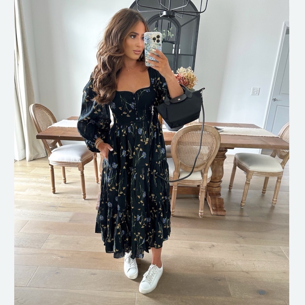 Madewell Xiomara Floral Print Long Sleeve Cotton Dress True Black